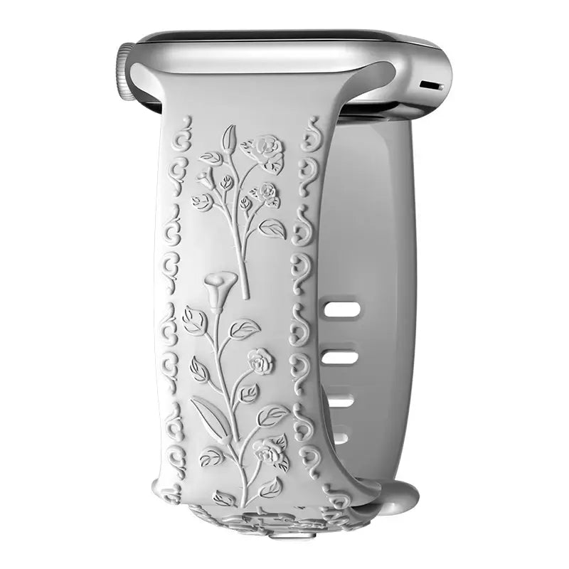 Flower engraved straps for Apple Watch band in elegant white, enhancing style and durability for daily wear.