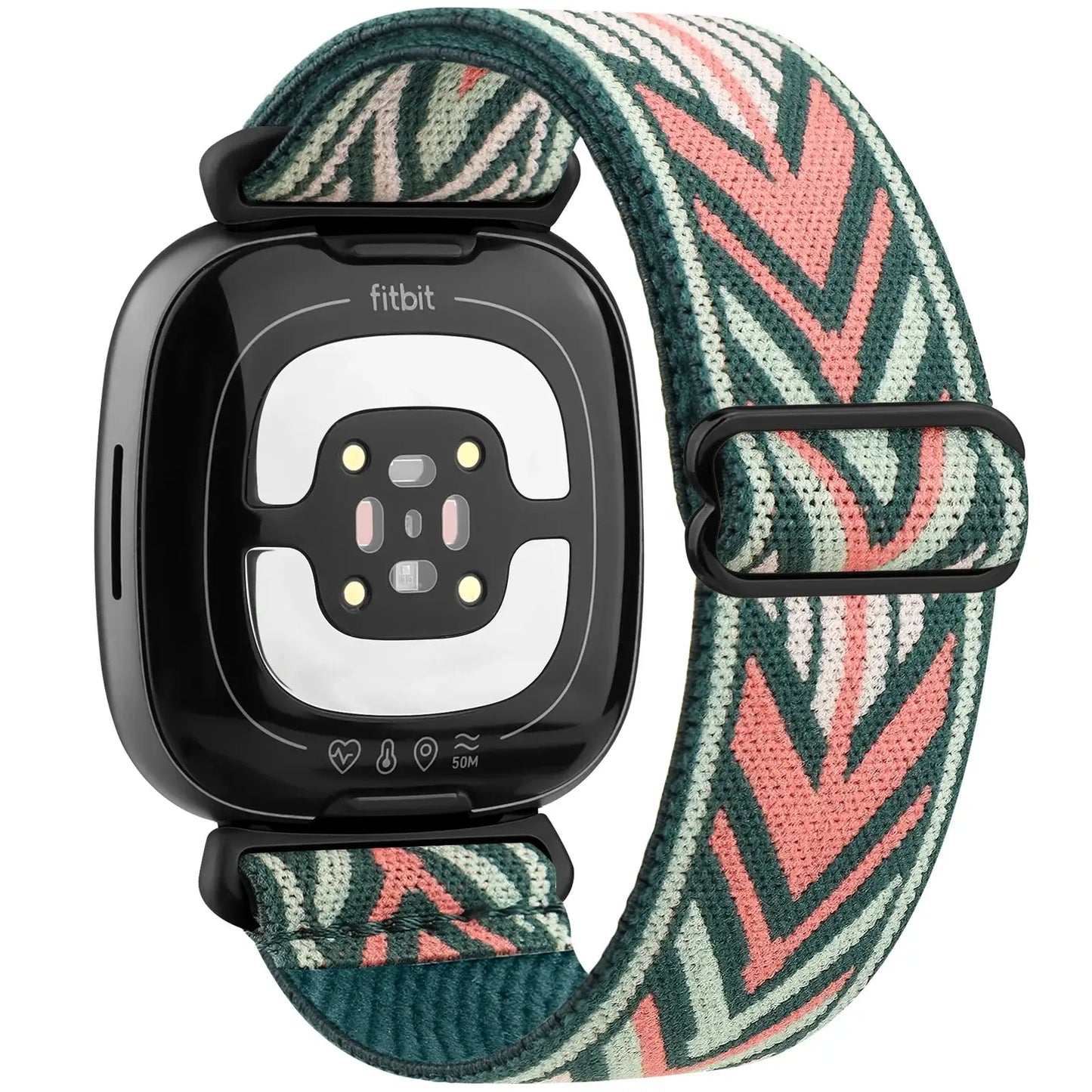 Stylish nylon band for Fitbit Versa and Sense, featuring a vibrant chevron pattern, enhancing smartwatch aesthetics.