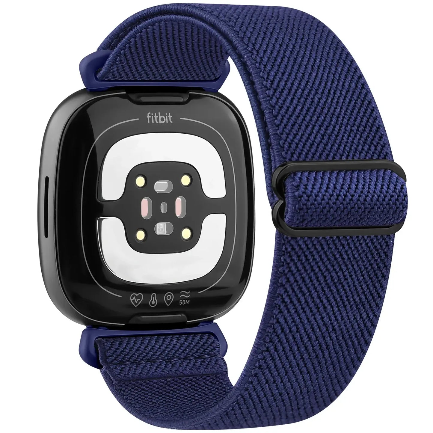 Navy nylon band for Fitbit Versa and Sense, combining comfort and minimalist style for an elevated smartwatch look.