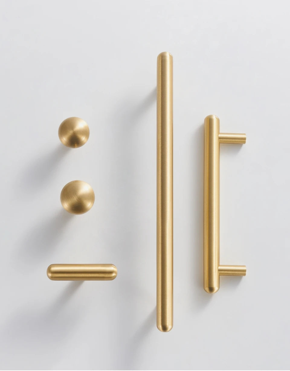 Smooth solid brass round knobs, T-bar knob and cabinet pulls in brushed brass