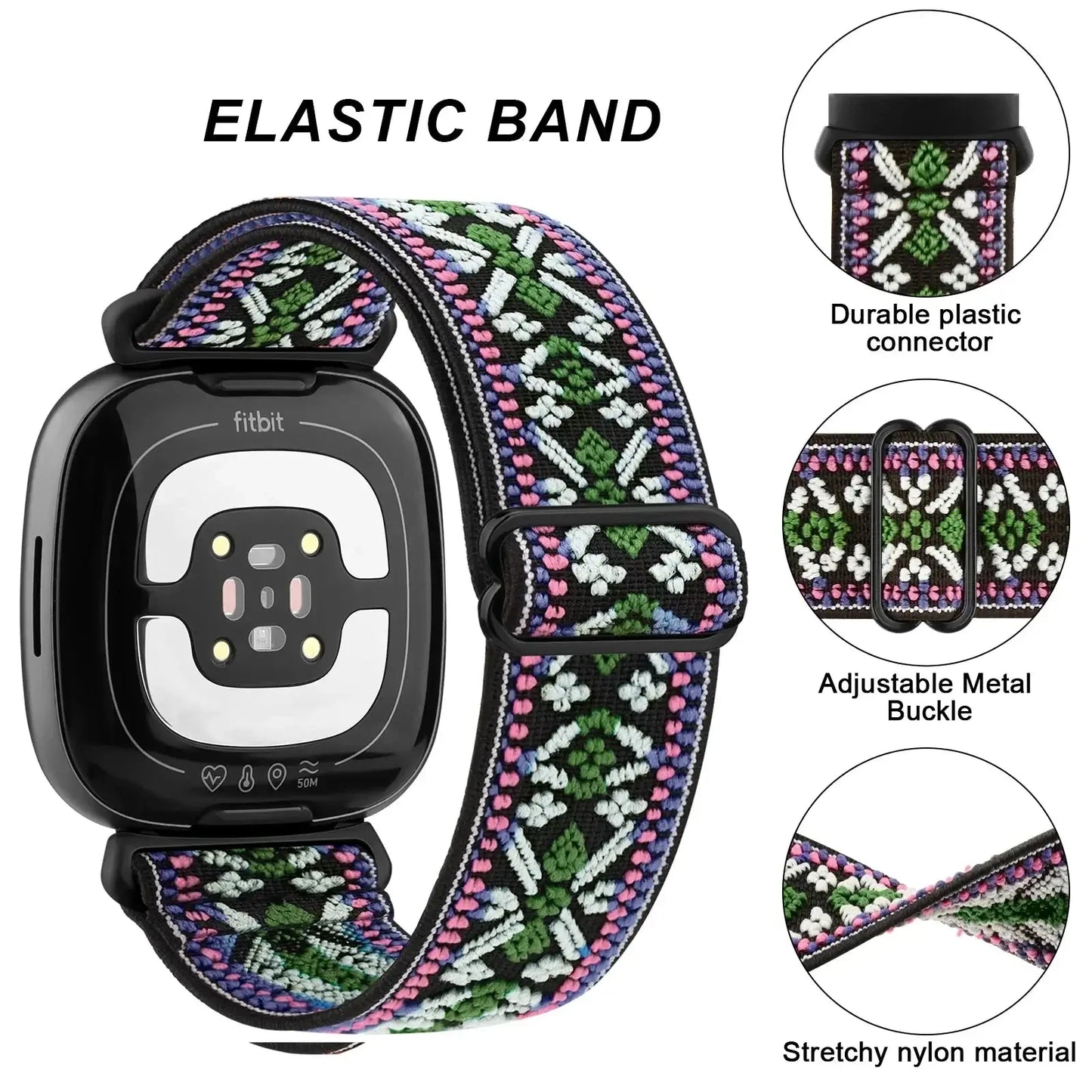 Elastic nylon band for Fitbit, featuring a durable connector and adjustable buckle for comfort and style.