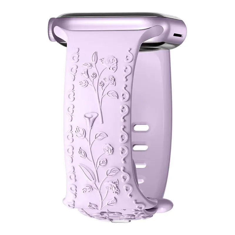 Flower engraved purple Apple Watch band showcasing style, durability, and elegance for everyday wear.