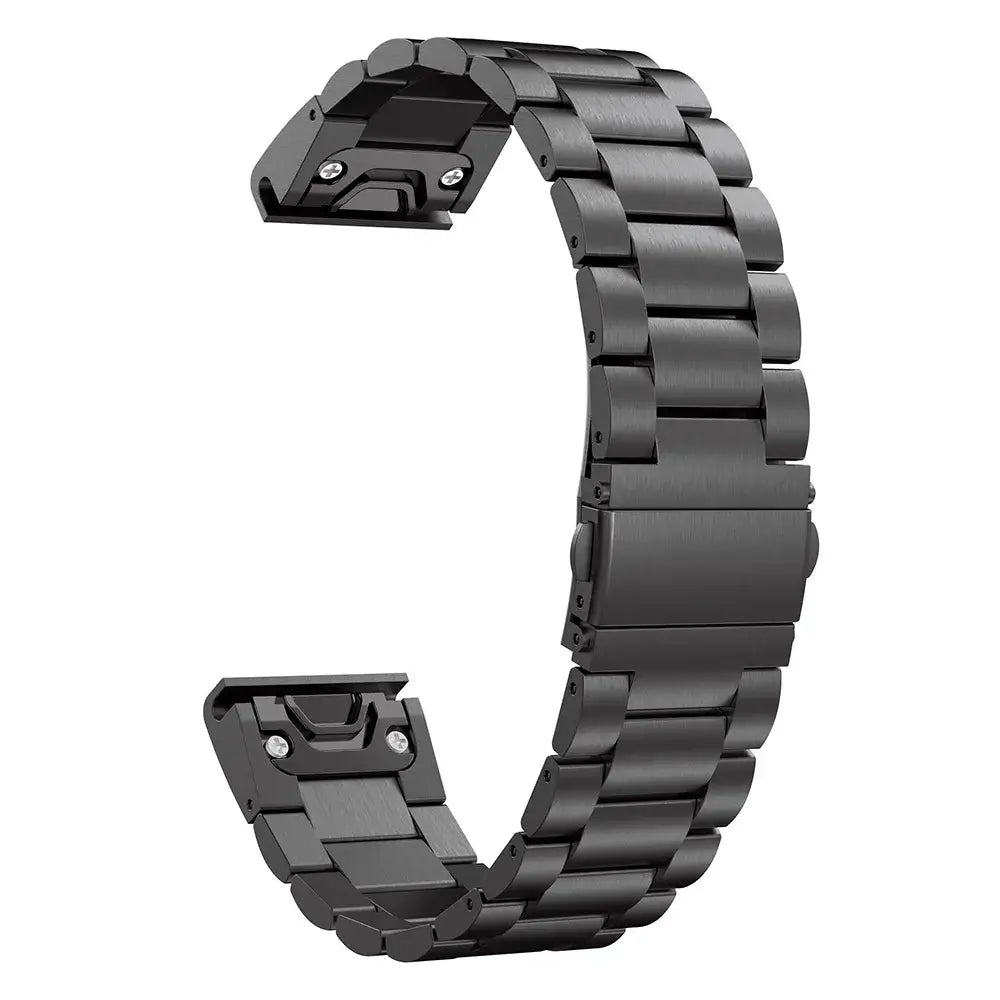 Sleek black stainless steel Garmin band featuring QuickFit design for easy customization and style.