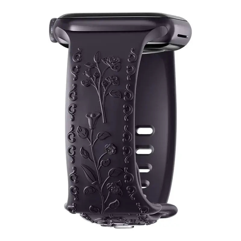 Flower engraved black strap for Apple Watch, stylish and durable smartwatch accessory.