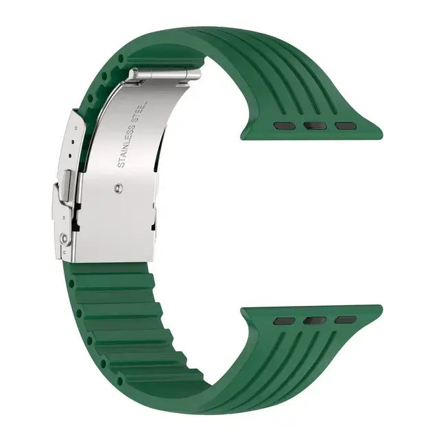 Silicone Apple Watch band in green with stainless steel buckle, perfect for style and comfort in any setting.