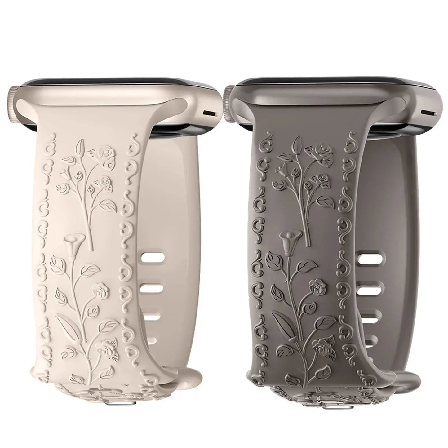 Elegant flower engraved Apple Watch straps in cream and gray, perfect for enhancing style and durability.