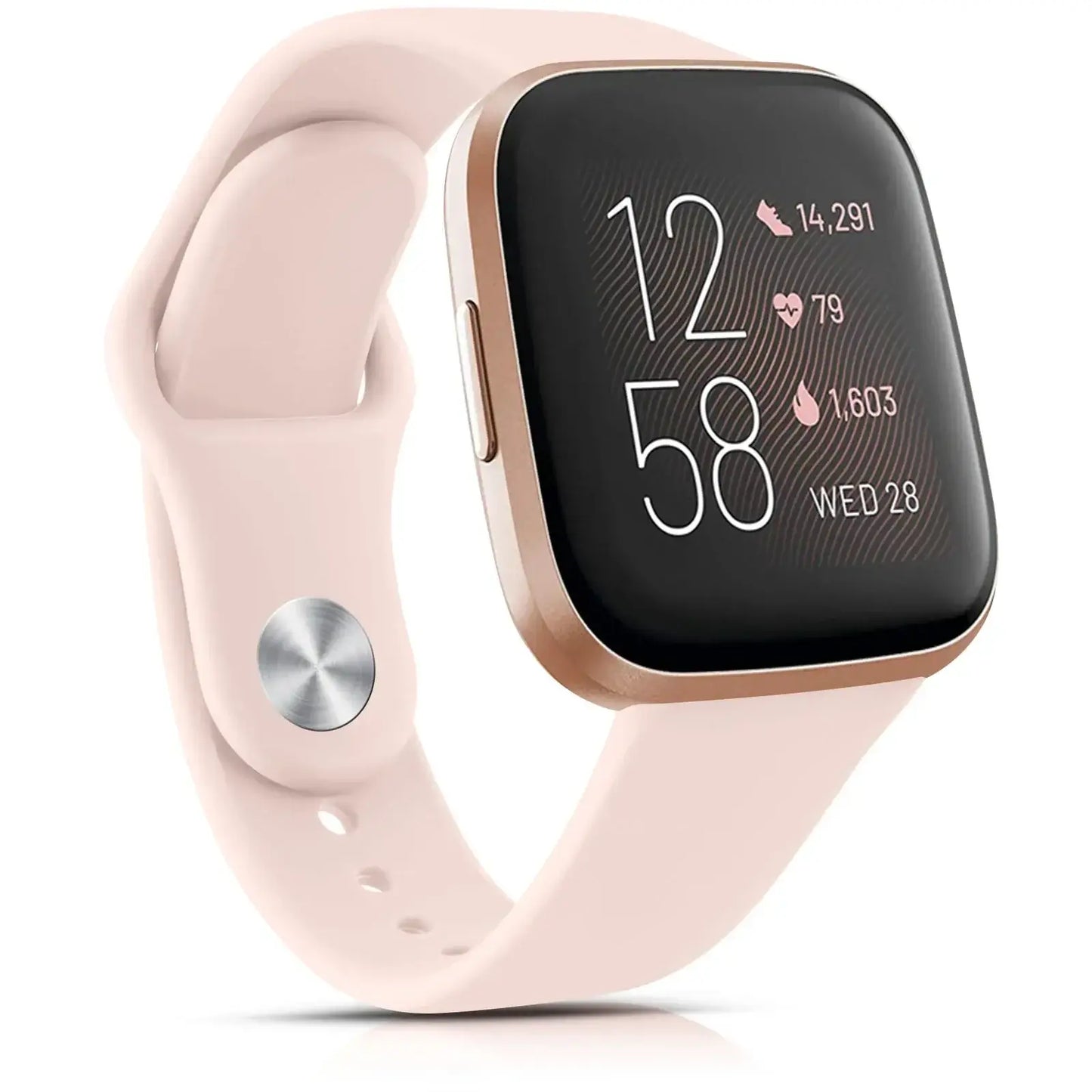 Stylish Fitbit Versa in soft pink with customizable silicone band, featuring health stats and sleek design.
