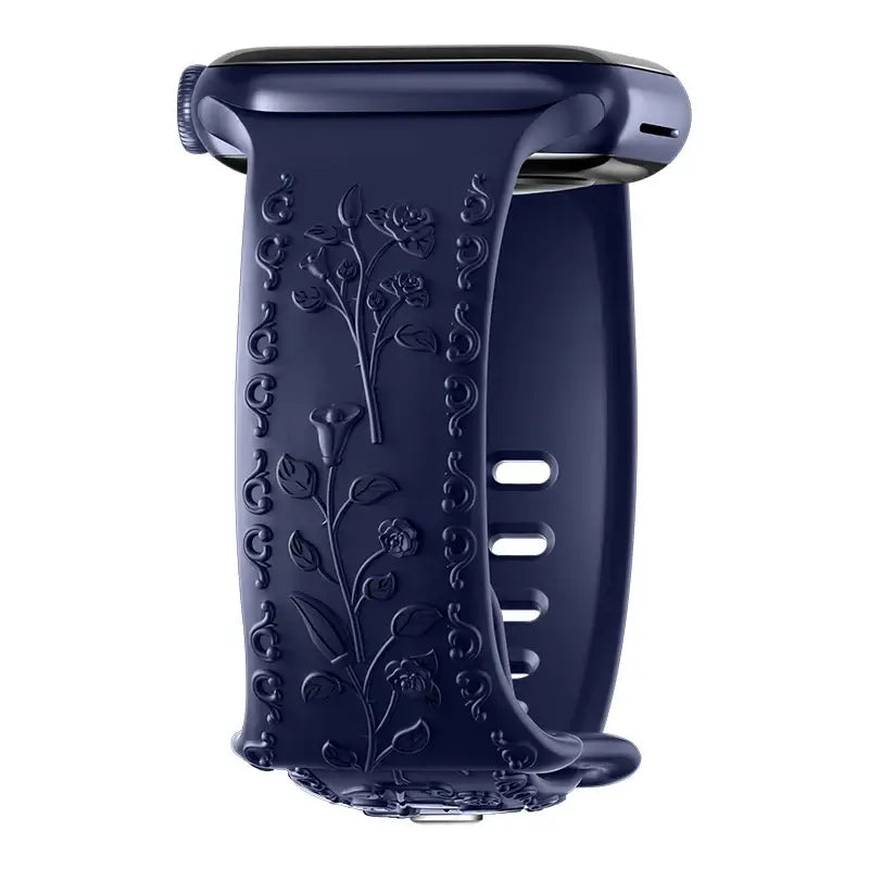 Flower engraved navy strap for Apple Watch, combining style and durability for a chic tech accessory.