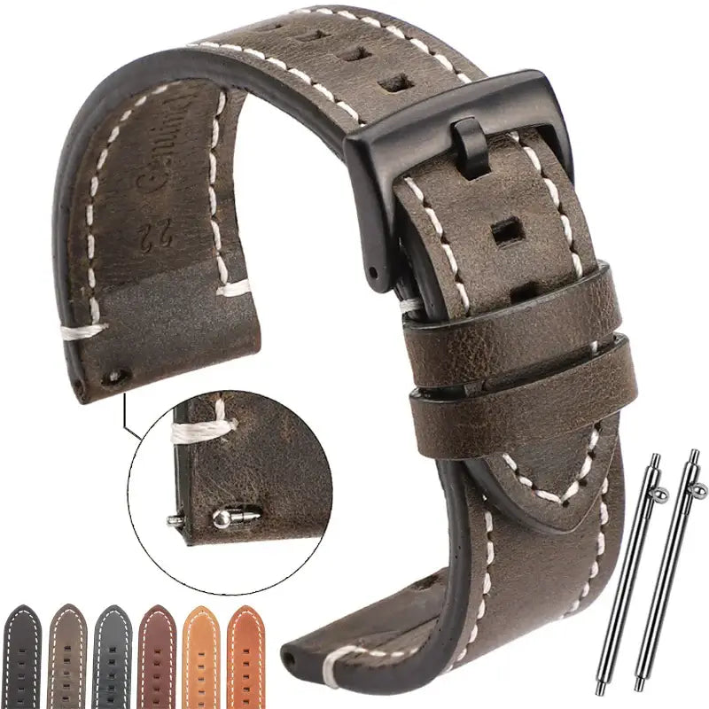 Durable leather Suunto watch band in dark brown with white stitching, perfect for active lifestyles.