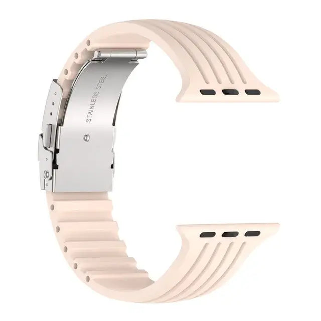 Silicone Apple Watch band with metal buckle, stylish and durable strap for all occasions.