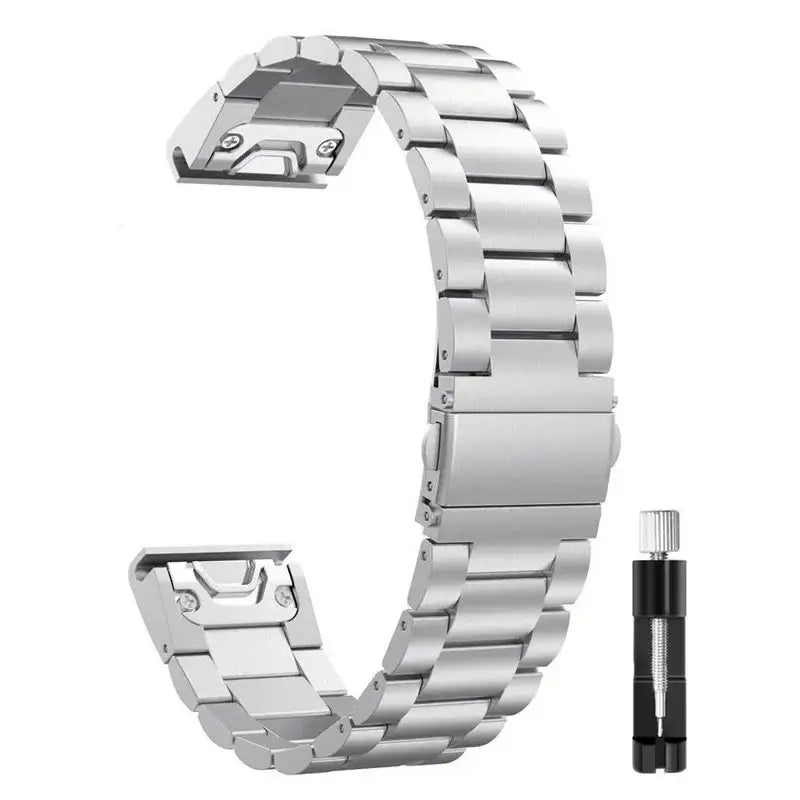 Stainless steel Garmin QuickFit band with adjustable links and tool for easy customization and secure fit.