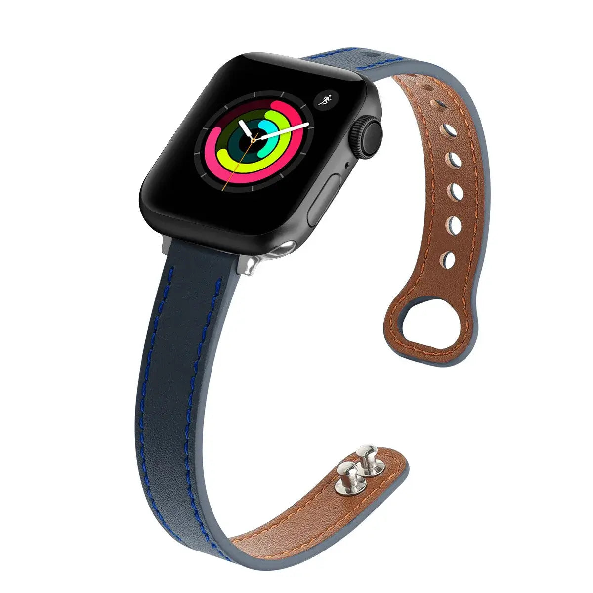 Thin leather Apple Watch band in blue and brown, offering stylish durability and elegance for smart watch enthusiasts.