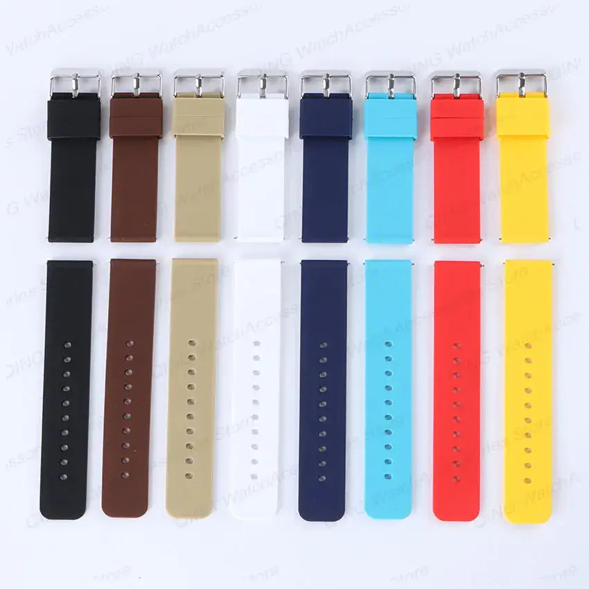 A variety of silicone straps in different colors for Samsung Galaxy Watch with secure buckles and adjustable lengths.