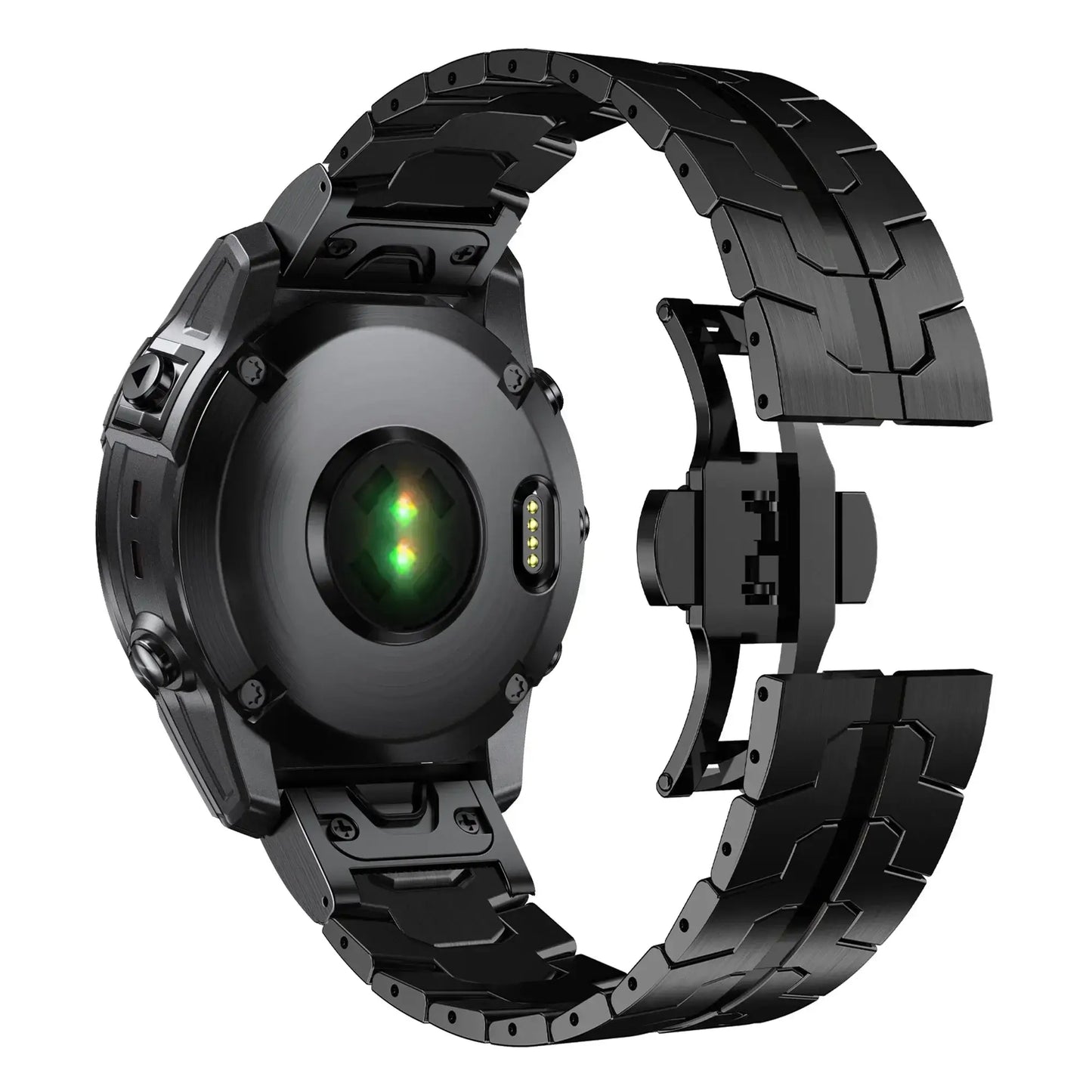 Stylish black stainless steel Garmin QuickFit band showcasing quick release feature and sleek design for active lifestyles.
