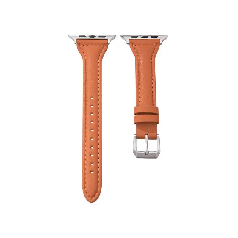 Slim orange leather strap for Apple Watch, crafted for durability and sleek style. Perfect for the fashion-forward individual.