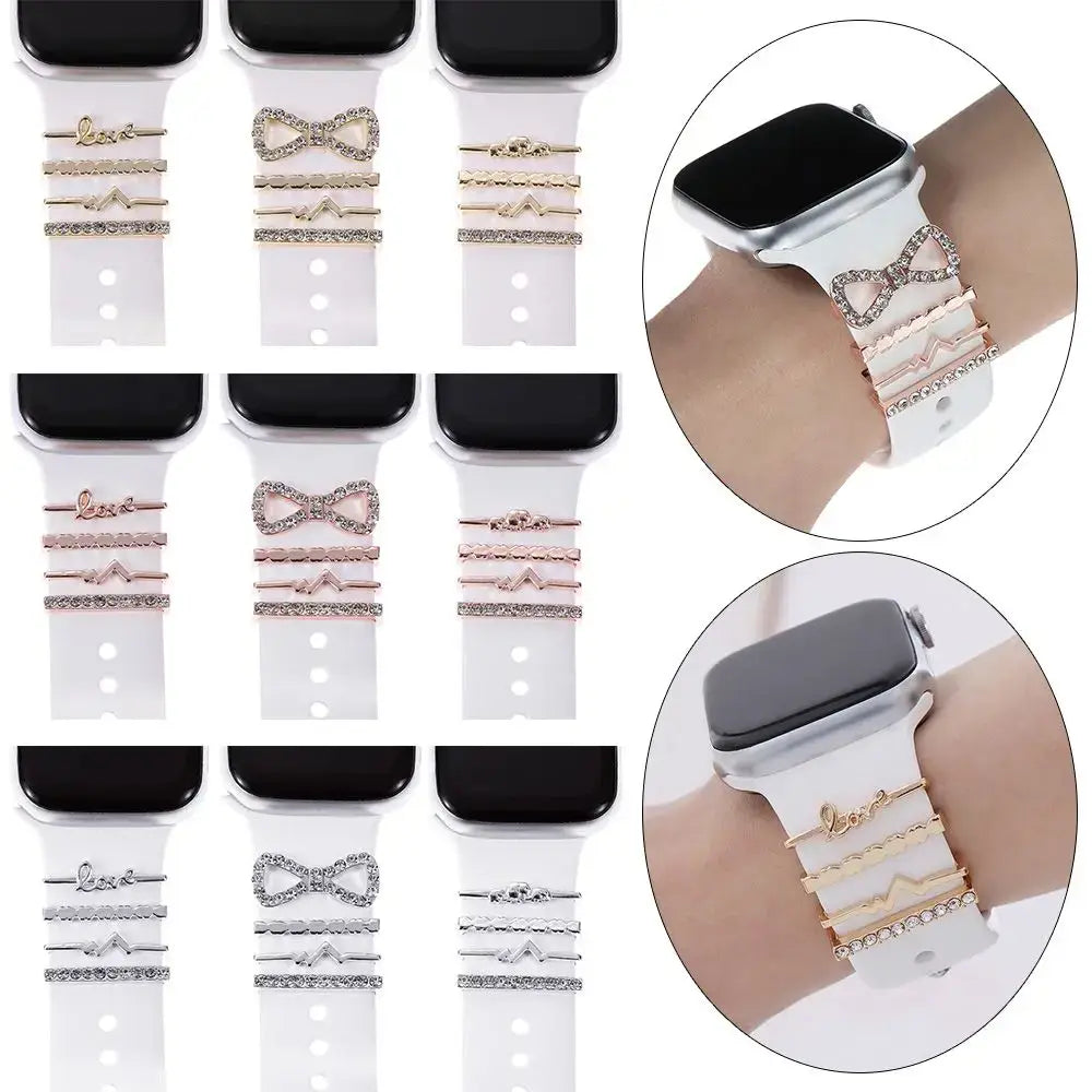 Decorative metal charms for Apple bands displayed on a smartwatch, showcasing elegant designs and stylish combinations.