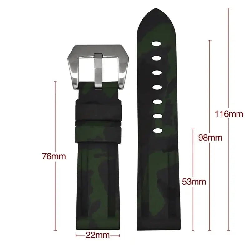 Silicone Huawei Watch band in camo design, measuring 116mm and 22mm wide, perfect for a modern aesthetic.