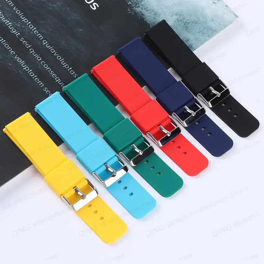 Colorful silicone straps for Samsung Galaxy Watch, featuring yellow, blue, green, red, and black bands for style and versatility.