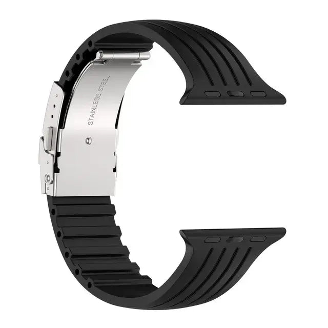 Silicone Apple Watch band with stainless steel buckle, elegant design for style and durability.