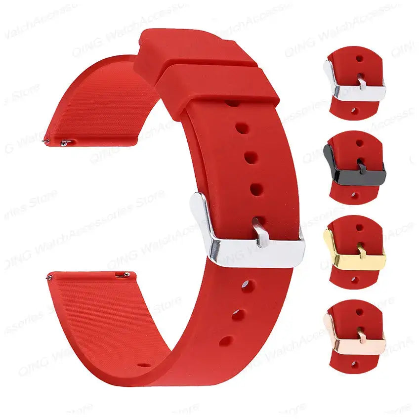Red silicone strap for Samsung Galaxy Watch with various buckle colors and styles for versatile wear.