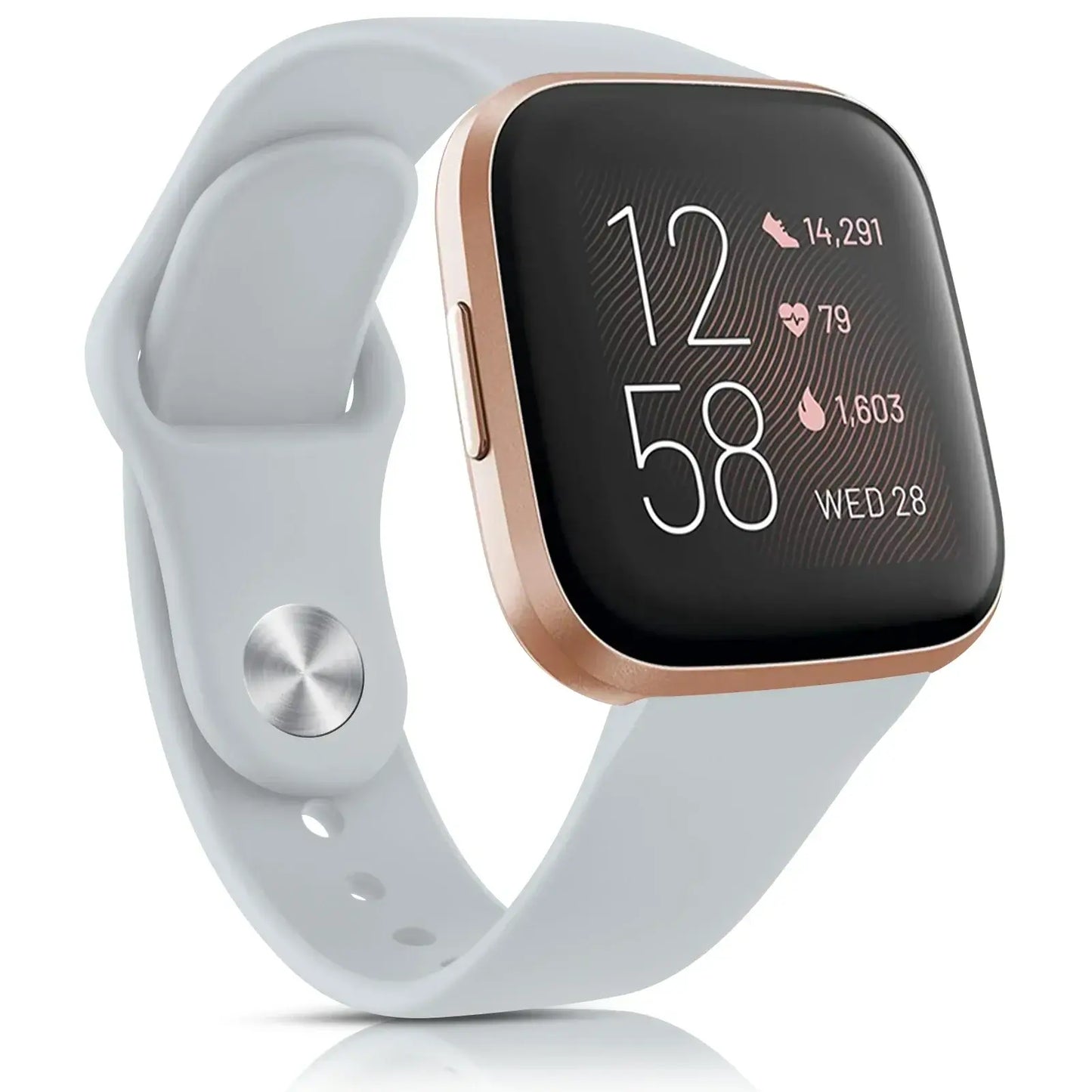 Stylish silicone band for Fitbit Versa with a sleek design, displaying fitness stats and the date on a modern smartwatch face.