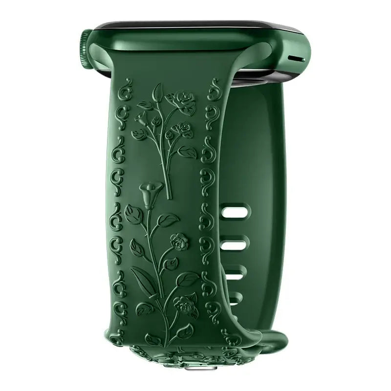 Flower engraved green Apple Watch band, stylish and durable, perfect for elevating your daily tech look.