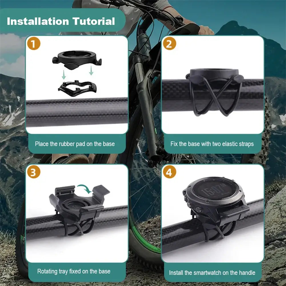 Installation tutorial for Garmin smartwatch bike mount showing step-by-step process with images for easy setup.