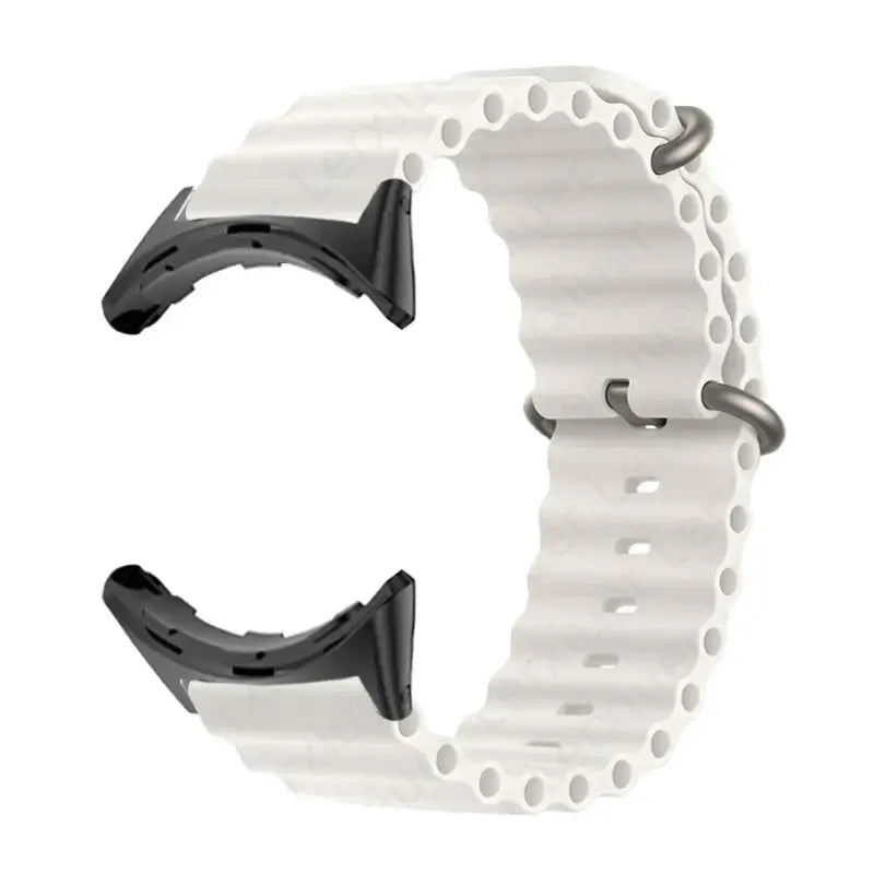 Silicone strap for Google Pixel watches in white, featuring durable design and stylish black buckle.