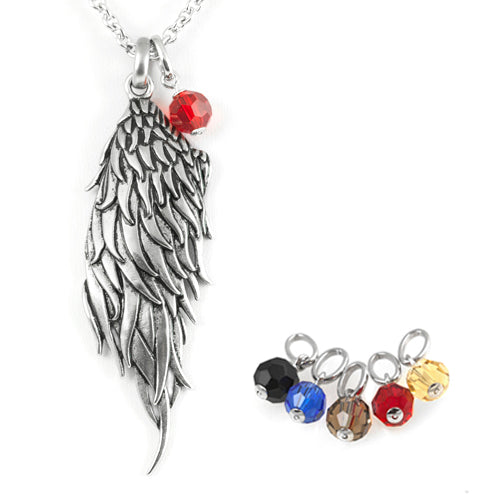 Angel Wing Pendant Necklace With Birthstone Charm Options by Blue Asteria