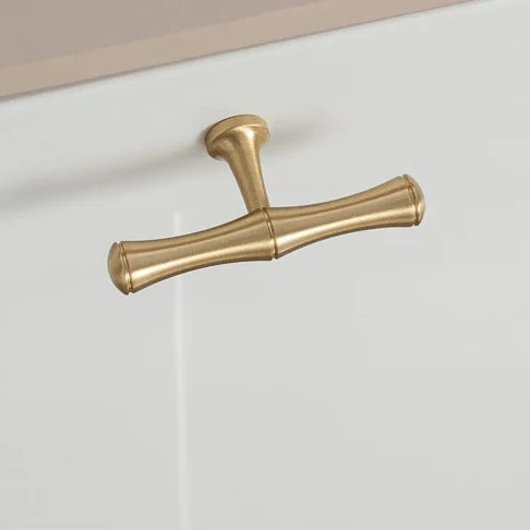 Bamboo solid brass T-bar cabinet knob in brushed brass