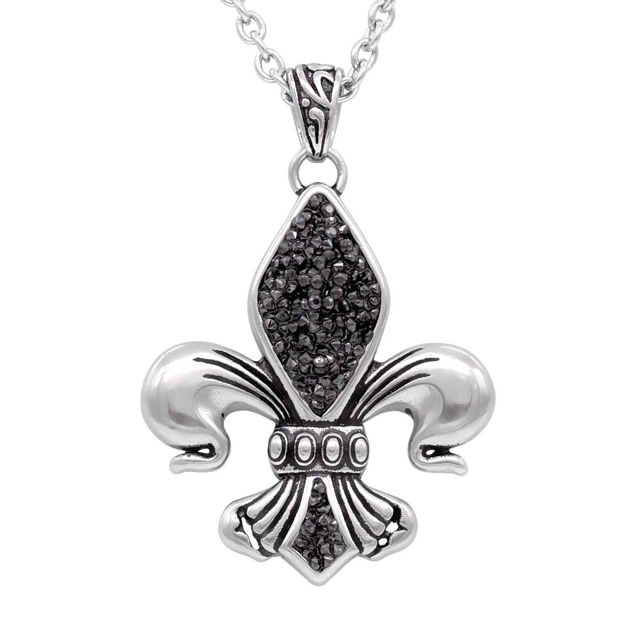 Black Fleur De Lis Pendant Necklace On Silver Chain by Blue Asteria