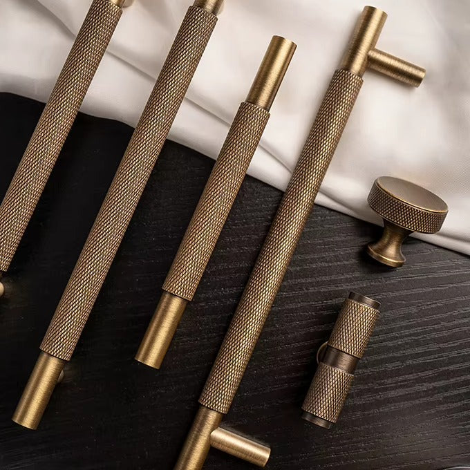 Knurled solid brass cabinet pulls and knobs in antique brass