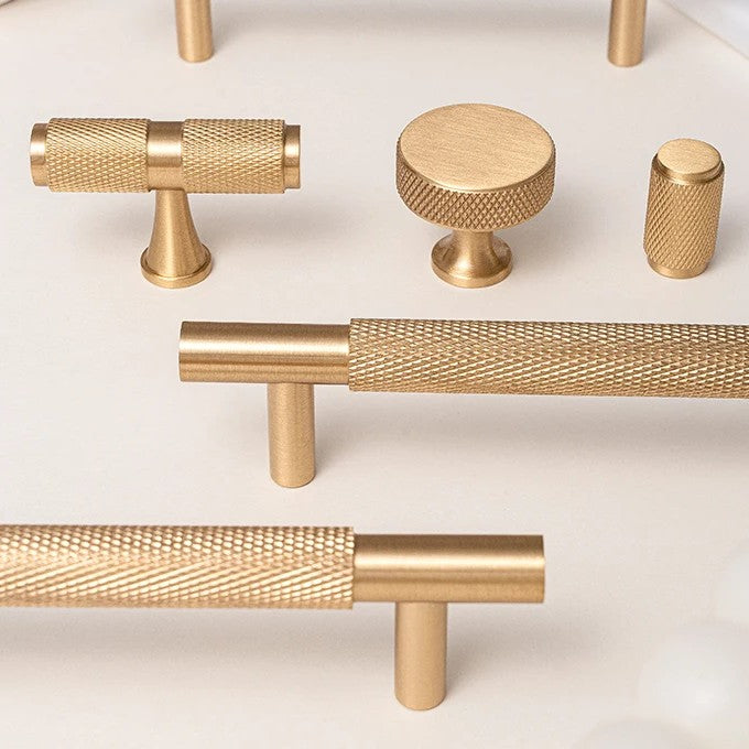 Knurled solid brass cabinet knobs and pulls in brushed brass