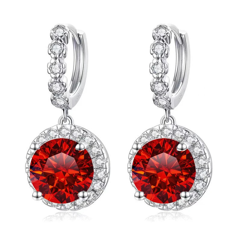 Colored Round Halo Moissanite Hoop Drop Earrings — Garnet red