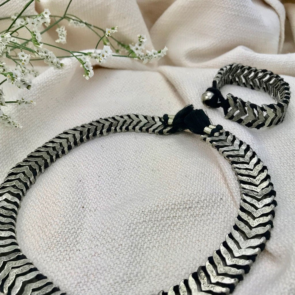 Silver Temple Adjustable Bracelet Boho Handwoven Metal Beads Cotton Thread by Ariel