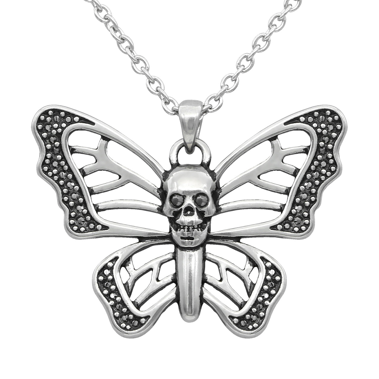 Skull Butterfly Necklace Silver Gothic Pendant Chain by Blue Asteria
