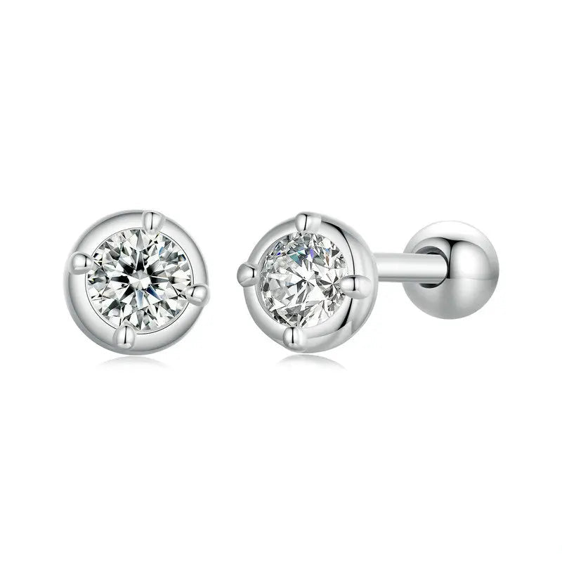 Round Moissanite Ball-Back Stud Earrings in Sterling Silver — Front and ball-back view