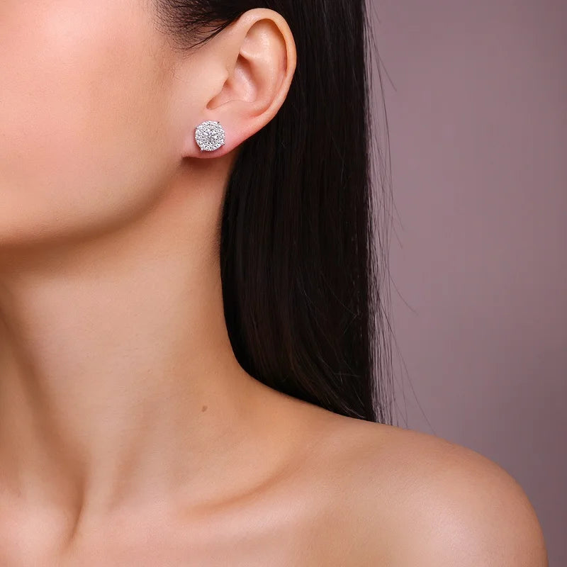 Cushion Halo Moissanite Stud Earrings in Sterling Silver — Stud worn on ear