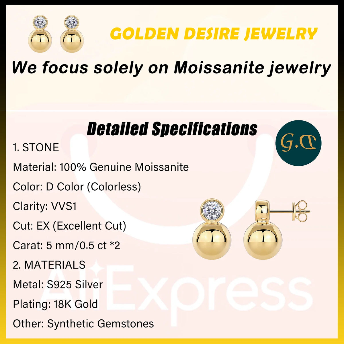 Gold-Plated Moissanite Orb Stud Earrings in Sterling Silver — Stone and metal specifications