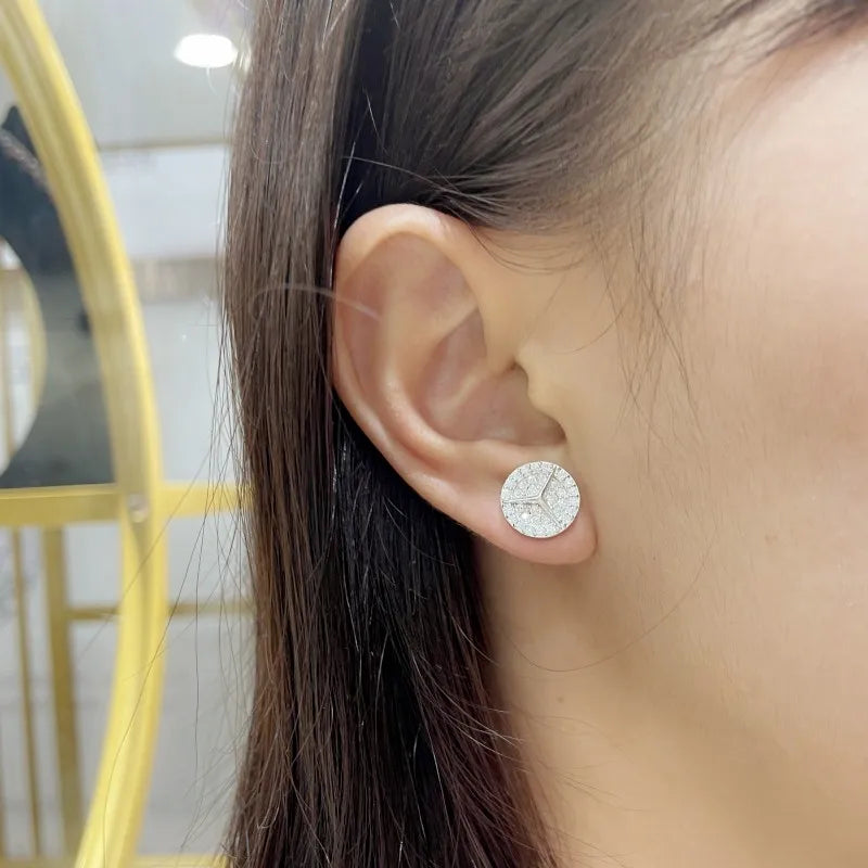 Geometric Round Pavé Moissanite Stud Earrings in Silver — Worn on ear
