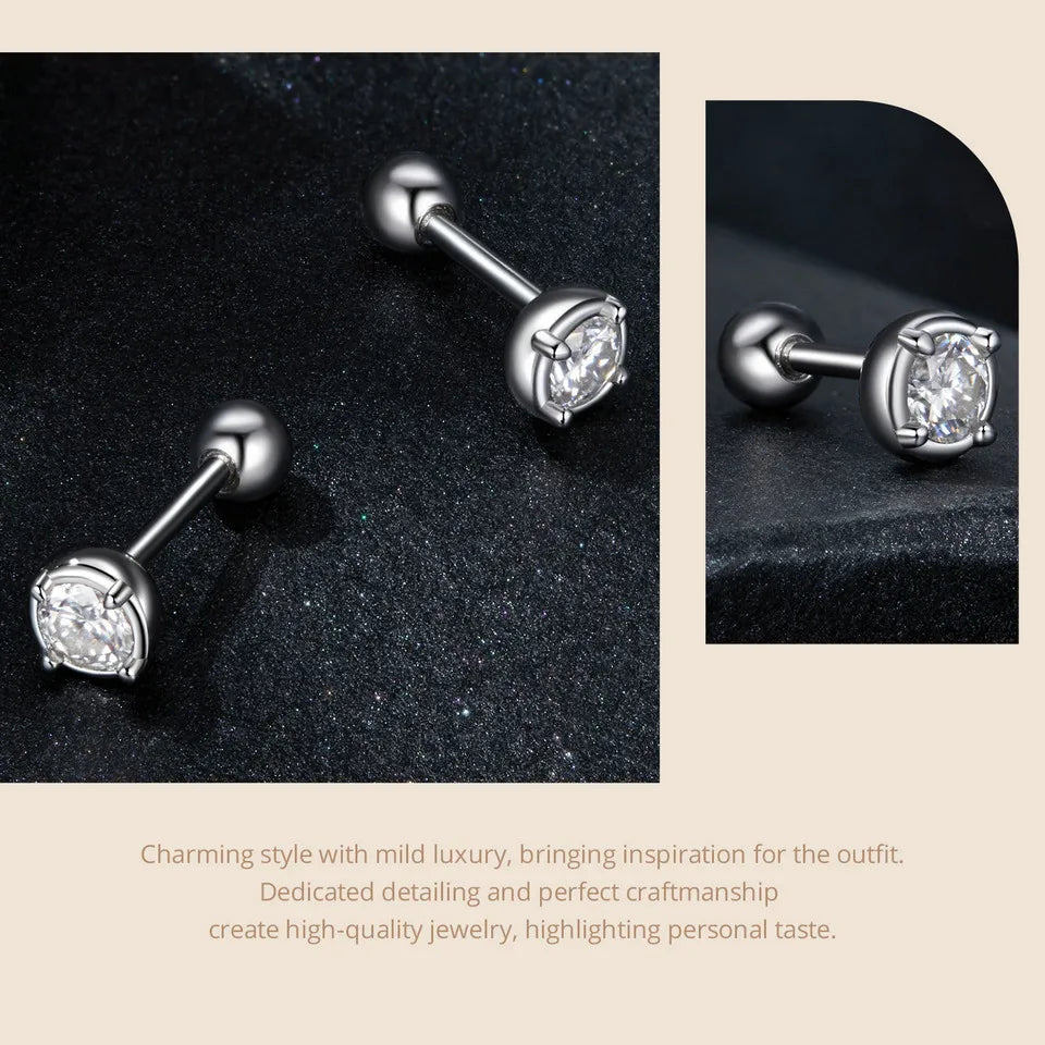 Round Moissanite Ball-Back Stud Earrings in Sterling Silver — Post and setting detail