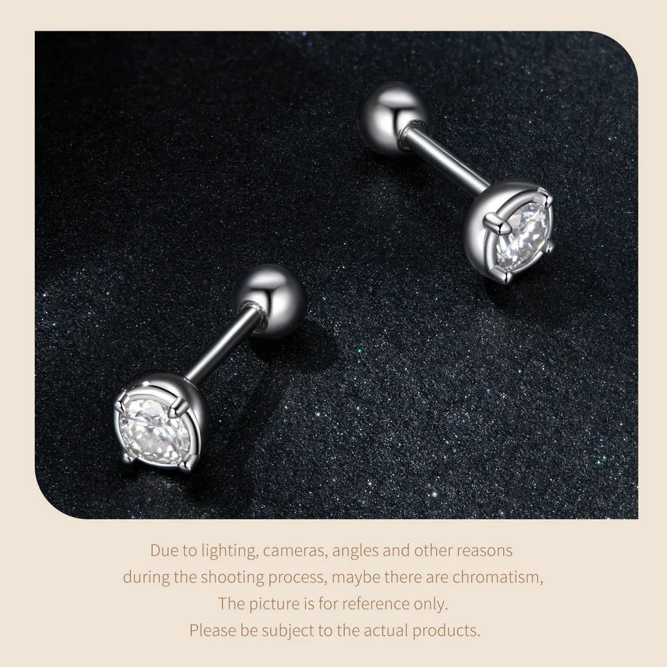 Round Moissanite Ball-Back Stud Earrings in Sterling Silver — Angled posts