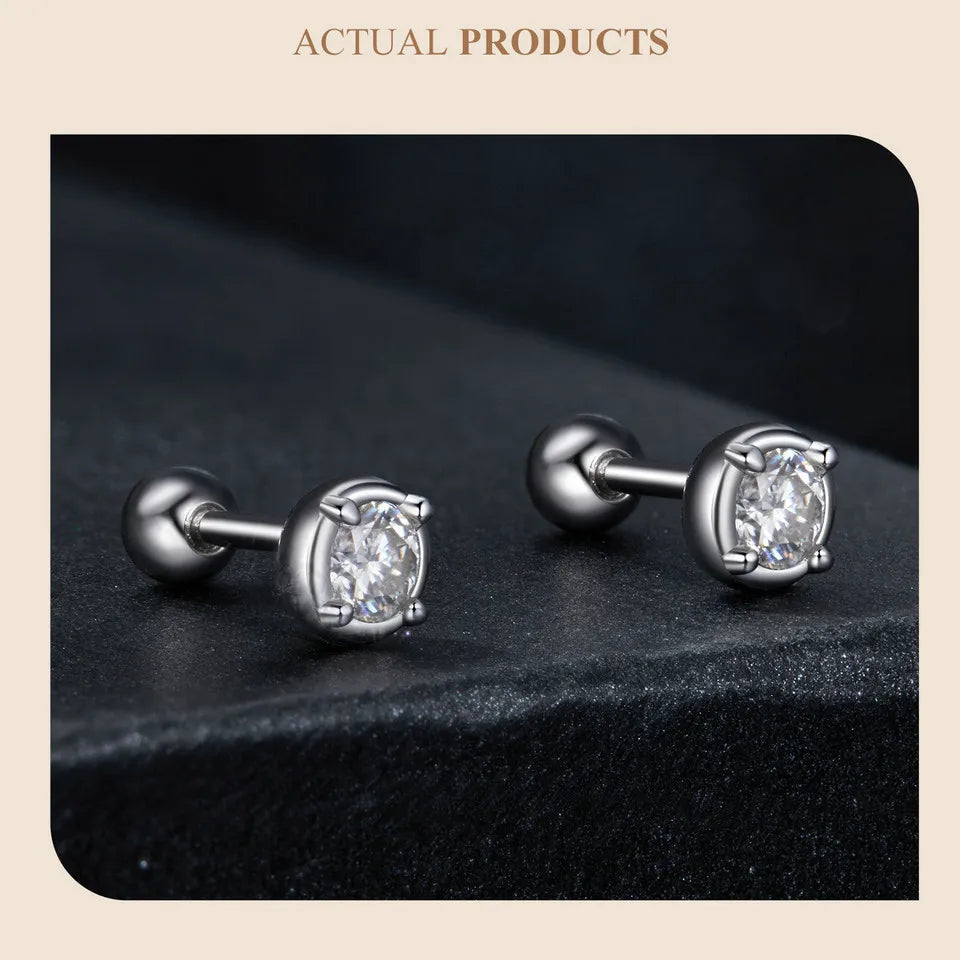 Round Moissanite Ball-Back Stud Earrings in Sterling Silver — Pair on dark fabric