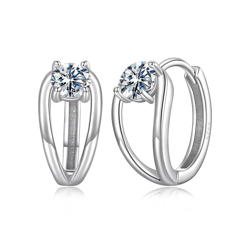 Double-Row Moissanite Huggie Hoop Earrings in Silver — Double-row hoop pair