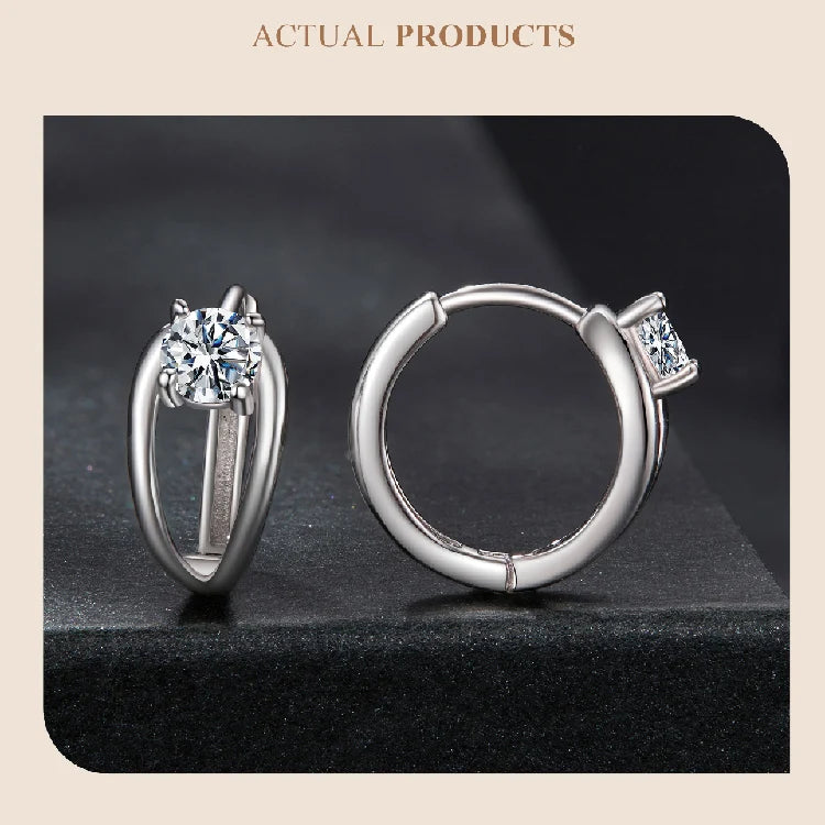 Double-Row Moissanite Huggie Hoop Earrings in Silver — Front and side profiles