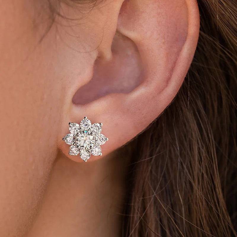 Flower Halo Moissanite Stud Earrings in Sterling Silver - Flower stud shown on ear