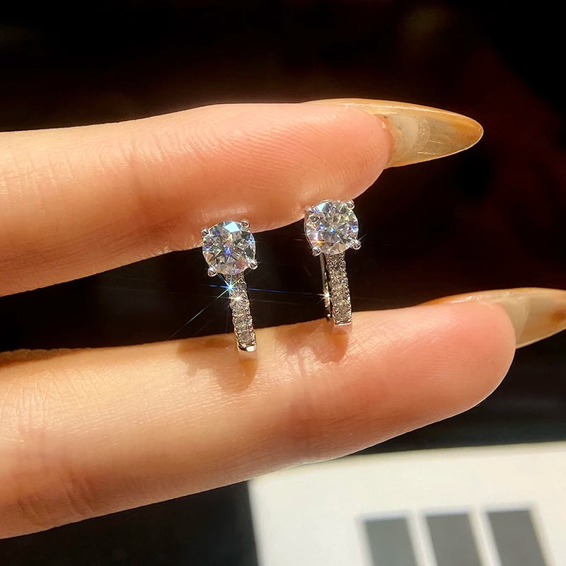 Round Moissanite Accent Leverback Earrings in Silver - Accent leverbacks on hand
