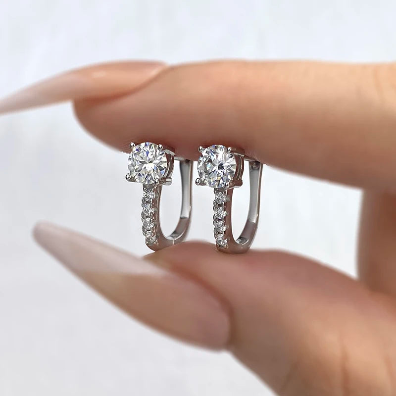 Round Moissanite Accent Leverback Earrings in Silver - Accent earring pair close-up