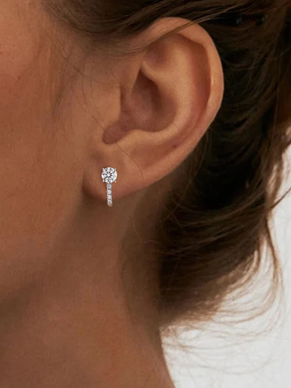 Round Moissanite Accent Leverback Earrings in Silver - Side view on model