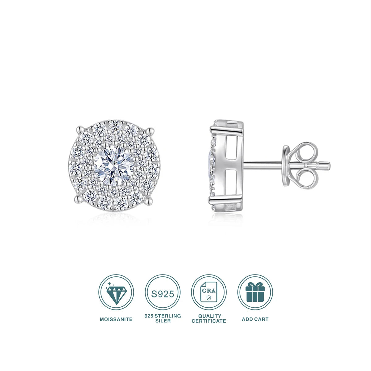 Cushion Halo Moissanite Stud Earrings in Sterling Silver — Cushion halo front and side